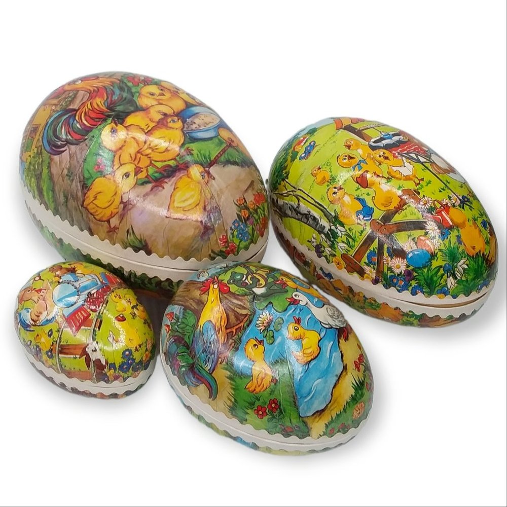 Vintage 1950s German Paper Mache Eggs Nesting Set of 4 Baby Chicks - Picture 1 of 12
